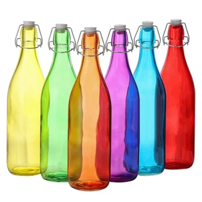 Image of simpa 1L Traditional Vintage Style Swing Top Lid Glass Bottles MultiColour Set of 6 Orange, Red, Yellow, Blue, Purple &amp; Green.