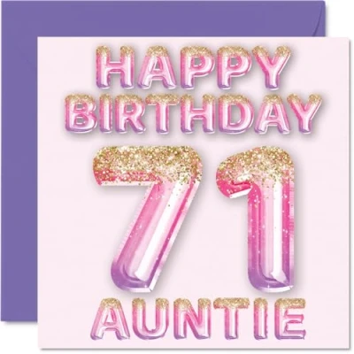 Image of 71st Birthday Card for Auntie Pink &amp; Purple Glitter Balloons Happy Cards 71 Year Old Aunt Aunty from Nephew Niece, 145mm x Bday Greeting Gift