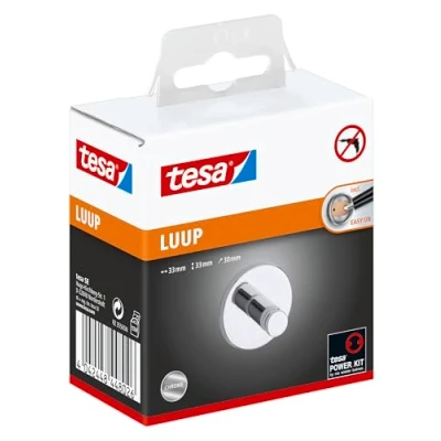 Image of tesa LUUP Bathroom Hook No Drill Chromed Metal Self Adhesive for the in Round Design Stainless Waterproof Includes Removable Glue Solution