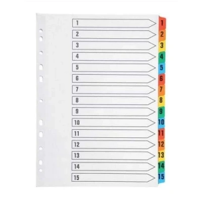 Image of indigo® Dividers, A4, Index Multipunched Mylar Reinforced Multicolour Tabs White (1 15, Pack of 5)