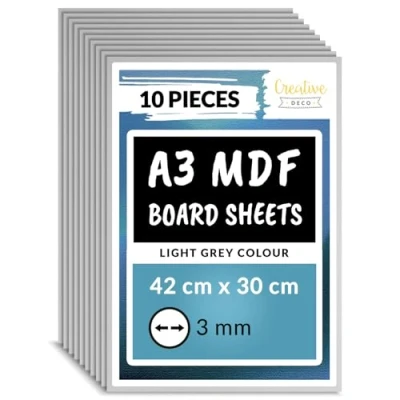 Image of Creative Deco 10 x A3 MDF Board Sheet Grey 420 300 3mm Wood Wooden Blank for Drawing, Home Decor, Art and Craft, Painting, DIY Projects, Laser Cutter, CNC Cutting, Stenciling Pyrography
