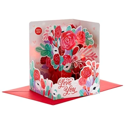 Image of Hallmark Pop Up Valentine&#039;s Day Card for Her Paper Wonder Musical Bouquet Design Pink &amp; Green 25565248