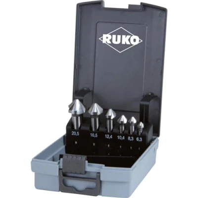 Image of RUKO HSS Taper and Deburring Counter Sinker Set in Plastic Case, Din 335, Type C, 90 Degree, Bright Finish, 6 Pieces, R102152RO
