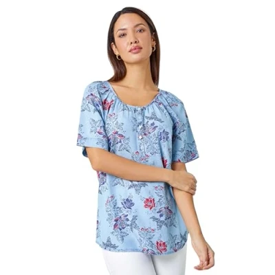 Image of Roman Originals Floral Print Button Detail Top for Women UK Ladies Everyday Holiday Spring Summer Round Neckline Comfy Soft Evening Vacation Work Party Light Denim Size 10