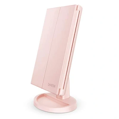 Image of deweisn Tabletop Mount Tri Fold Lighted Vanity Mirror with 21 LED Lights, Touch Screen and 3X/2X/1X Magnification, Two Power Supply Modes Make Up Mirror,Travel