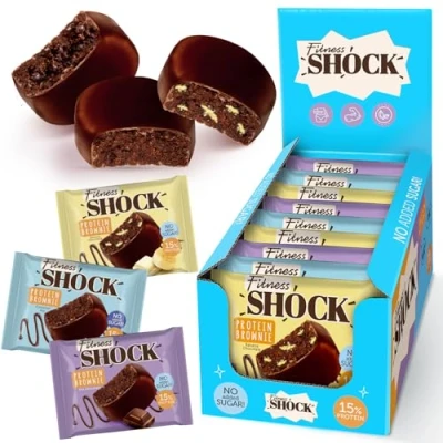 Image of FitnesSHOCK Protein Brownie Dark Chocolate, No Added Sugar, 15%/7,5g Protein, 233kcal, Pre/Post Workout Snack Palm Oil, Filling dietary fibre, Soft Texture, 9x50g Variety pack