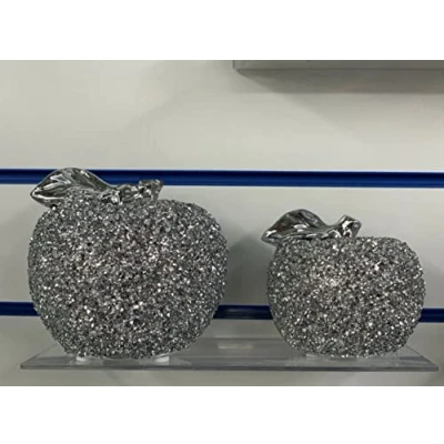 Image of Biznest XL SET OF 2 SILVER APPLE SPARKLE BLING ORNAMENT CRUSHED DIAMOND,HOME DECOR