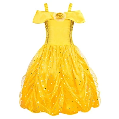 Image of AmzBarley Girls Princess Belle Costume Dress Childs Sleeveless Fancy Party Dresses Birthday Cosplay Outfit Yellow 5 6 Years