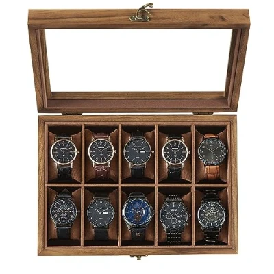Image of SONGMICS Watch Box with 10 Slots, Case, Solid Wood Organiser Large Glass Lid, Display Removable Pillows, Gift Idea, Rustic Walnut JOW100K01