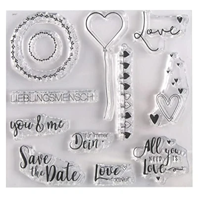 Image of Rayher 50244000 Set of 12 Clear Silicone Stamps for Card Making and Crafting, Assorted Sentiments Heart Designs, 102.5 x 97 mm