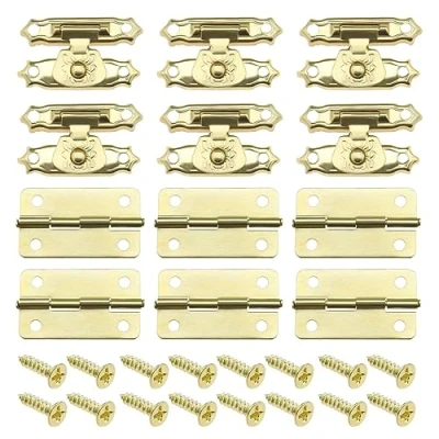 Image of VGOL 36Pcs Box Latch Hasps &amp; Hinges with Screws Antique Small Vintage Door Accessories for Wooden Jewelry Cabinet Gold