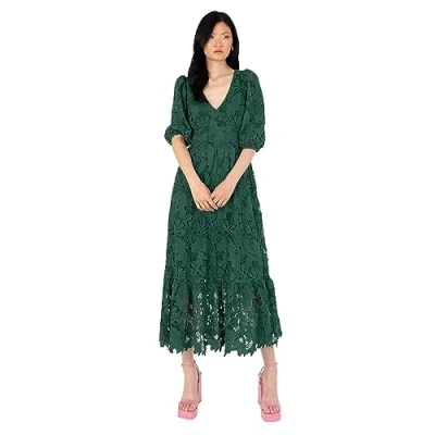 Image of Maya Deluxe Women&#039;s A line V Neck Puff Sleeve Lace Midi Dress, Emerald Green, Size 16