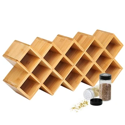 Image of 4 Tier Bamboo Countertop Spice Rack Organiser, 18 Jar Criss Cross Kitchen Cabinet Storage Organizer Shelf, Fit for Round and Square Bottle, Free Standing Counter or Drawer