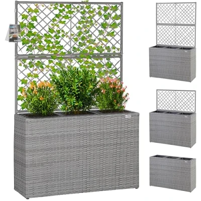 Image of CASARIA® Large Rattan Garden Trough Planter Flower Pots Planters With Trellis Raised Bed Growing Climbing Frame Support Outdoor Patio Grey