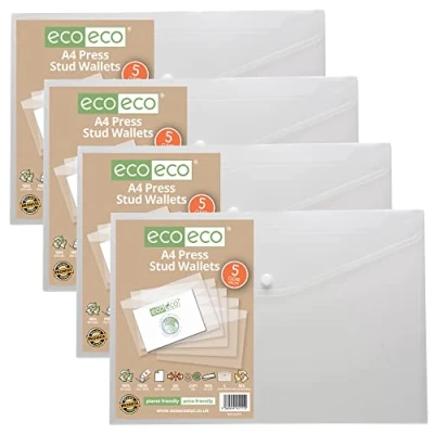 Image of eco A4 50% Recycled Clear Transparent Press Stud Popper Wallet, Plastic Folders 310x238mm (Pack of 20), 200mic, eco111x4