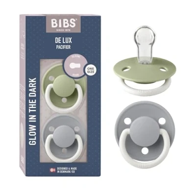 Image of BIBS De Lux Soother 2 Pack, BPA Free Dummy Pacifier, Round Nipple. Silicone, OneSize (0 36 Months), Sage Night/Cloud Night