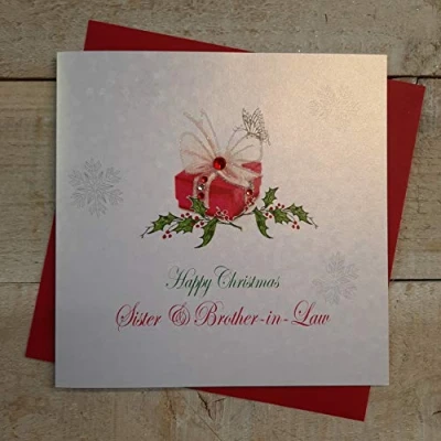 Image of White cotton cards X117 Happy Christmas Sister and Brother In Law Handmade Card with Present Design,