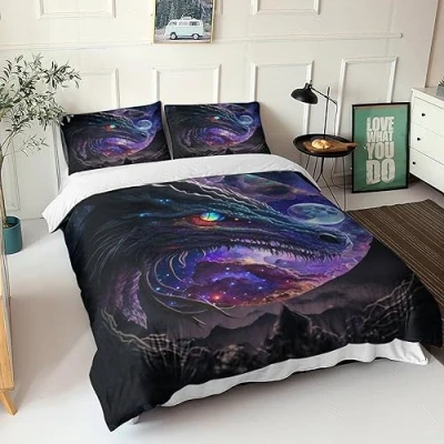 Image of GEEYOU Brave Dragon 3D Print Duvet Cover Set Bedding Cartoon Quilt Soft Microfiber with Zipper Closure Comforter Pillow3 Pcs for Kids Teens Adults Double（200x200cm）