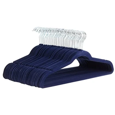 Image of Amazon Basics Slim Velvet Non Slip Suit Clothes Hangers, 50 Pack, Navy Blue/Silver