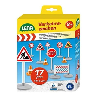 Image of Lena 04440 traffic sign set with 17 parts, 9 signs approx. 16 cm, 5 pylons and 3 construction fences, supplement for toy vehicle series Truxx, Worxx, Truckies, EcoAktives, Aktive Profi, multicoloured
