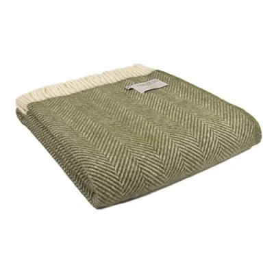 Image of Tweedmill Textiles Fishbone Throw Blanket 100% Pure New Wool BRITISH MADE OLIVE GREEN