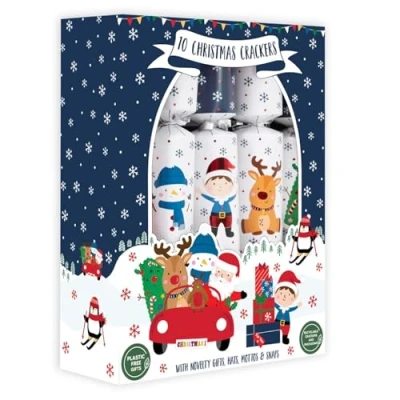 Image of Harvey &amp; Mason Set Of 10 Christmas Crackers Santa And Reindeer White Blue Festive Table Decor Xmas Family Fun