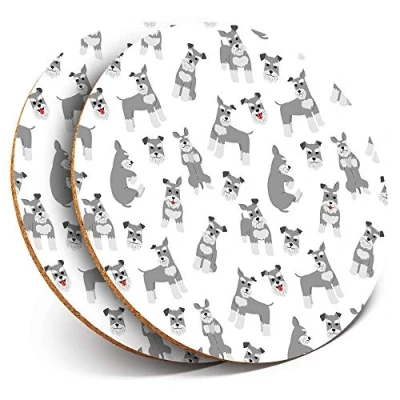 Image of 2 x Round Coasters Schnauzer Dog Pattern Puppy Fun Cork Backed Home Kitchen Accessory Tea Coffee Mug Mat #24158