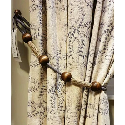 Image of Kestral 2 x Tie Backs Woven Rope Curtain Tieback Hold With Saffron Wooden Ball Design Beautiful Elegant Finish, Grey
