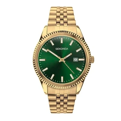Image of Sekonda King Classic Men&#039;s 40mm Quartz Watch in Green with Analogue Date Display, and Gold Stainless Steel Strap 30157