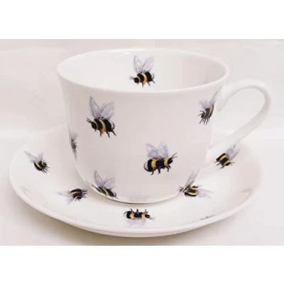 Image of Bees Breakfast Cup &amp; Saucer Fine Bone China Large 15 oz Jumbo Bumble Bee Hand Decorated in UK