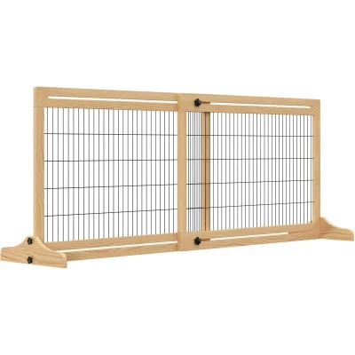 Image of PawHut Freestanding Dog Gate, Foldable Pet Fence, Indoor Wood Barrier, Stair Gate with Support Feet, for Doorway, Hallway, Small and Medium Dogs, 69H x 104 183 cm, Natural Effect