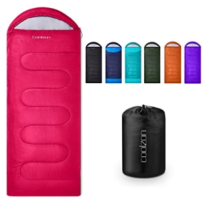 Image of Coolzon Outdoor Sleeping Bag for Camping, 3 4 Seasons, Adult Blanket, Small Packed Size, Ultralight Carry Bag, Soft, Thick and Warm, Travel, Hiking, Red