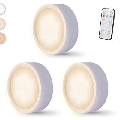 Image of Wireless Under Cabinet Lighting Battery Operated,LED Puck Lights with Remote Control,3 Color Dimmable Timing Function Push Ideal for Kitchen Cabinets, Bedrooms, Closets, Garage and More 3 Pack
