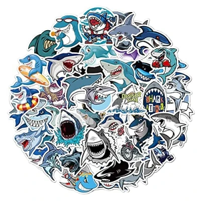 Image of 50 Shark Stickers,Vinyl Waterproof Stickers for Kids Children, Decals Laptop Skateboard Suitcase Scooter Party Bag Filler