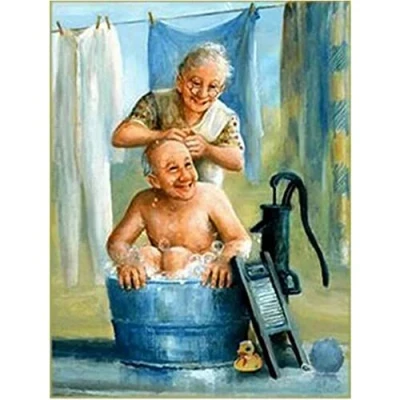 Image of 5D Diamond Painting Kit for Adults Kids Round Drill Old Couple Taking a Bath 30x40cm DIY Kits Full Crystal Rhinestone Embroidery Cross Stitch Art Gift Home Wall Decor(12x16in)