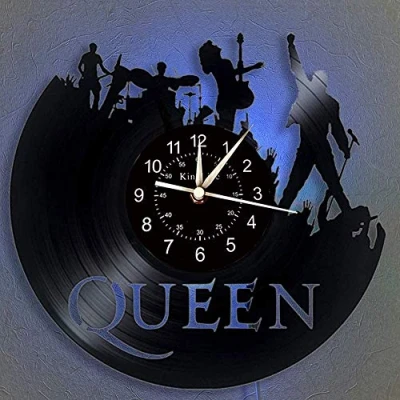 Image of SHHAO The Queen Rock Music Band Vinyl Wall Clock, LED 7 Color Night Lamp Retro Living Room, Kitchen, Unique Gifts Handmade Home Decor (With light)，(Gift bag+hook)
