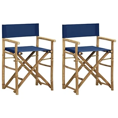 Image of vidaXL Folding Director&#039;s Chairs with Fabric Seats, Outdoor Bamboo Furniture, Easy Storage and Transport, Blue Set of 2