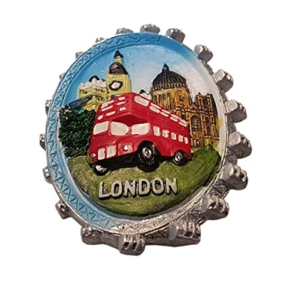 Image of London Icons in the Eye Fridge Magnet Big Ben Tower Bridge St. Paul&#039;s Cathedral Red Double Decker Routemaster Bus British Souvenir from England UK