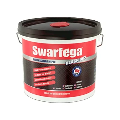 Image of Swarfega High Performance Hand Wipes, Extra Large Ultra Grime Wipes with Citrus Fragrance, Cleaning Heavy Duty for Adherent Inks, Paints, Resins. Kind to Skin, 150 in Hygenic Tub