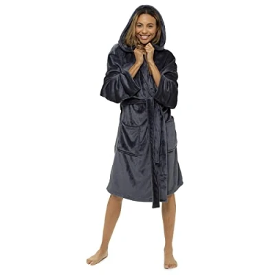 Image of Womens Ladies Dressing Gown Shimmer Fleece Super Soft Plush Velvet Hooded Robe (Grey, 16 18)