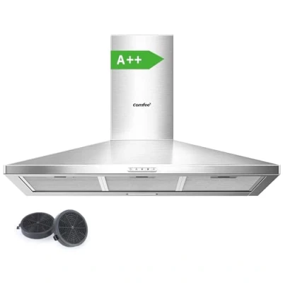 Image of COMFEE&#039; 90 cm Chimney Cooker Hood Class A++ Extractor with LED and Recirculating &amp; Ducting System Wall Mounted Range 900 mm Fan kitchen Carbon Filters