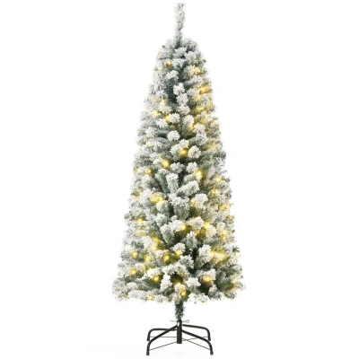 Image of HOMCOM 5FT Prelit Artificial Snow Flocked Christmas Tree with Warm White LED Light, Holiday Home Xmas Decoration, Green