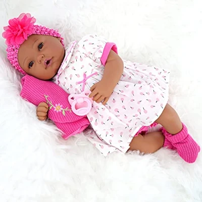 Image of The Magic Toy Shop Bibi Doll 20&quot; Realistic REBORN Handmade Open Eyes Dark Skin Black Baby Girl with Dummy &amp; Feeding Bottle (ETHNIC PINK)