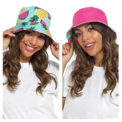 Image of Thingimijigs Ladies Reversible Bucket Hat Festival Summer Sun Pink/Fruit Print M/L
