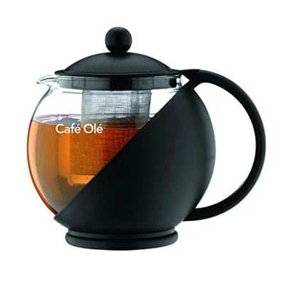 Image of Café Olé Grunwerg Ole Loose Leaf Everyday Round Tea Pot Infuser Basket Glass Teapot, Black, 1.20 Litre, 1200ml / 1.2