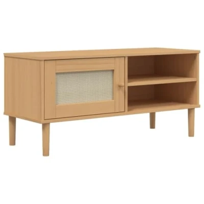 Image of vidaXL TV Cabinet Stand SENJA Brown Pine Wood with Rattan Door 106x40x49cm Modern/Boho for Living Room/Bedroom