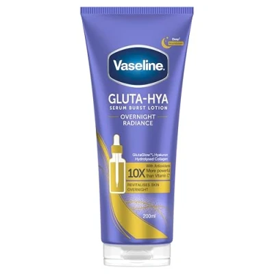 Image of Vaseline Gluta Hya Overnight Radiance Serum Burst Lotion moisturiser with antioxidants 10x more powerful than vitamin C* for plumper skin in 5 days 200 ml
