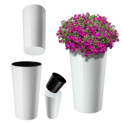 Image of KADAX Flower Pot with Wood Chips, Elegant Planter Removable Insert, Protector for Office, Pot, Garden Bowl (White, Diameter 25.5 cm)