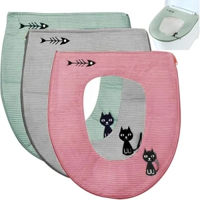 Image of katmerio Pack of 3 Toilet Seat Covers, Warm Cover, Universal Zip, Washable Cover Pads, Pad, Waterproof, Antibacterial Cushion
