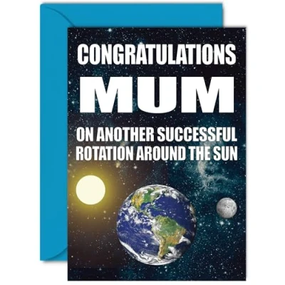 Image of Funny Birthday Cards for Mum Earth Rotation Joke Rude Card from Son Daughter, Humour 40th 50th 60th 70th 80th Bday A5 Mummy Mama Greeting